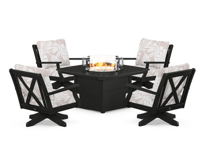 POLYWOOD® Braxton 5-Piece Deep Seating Swivel Conversation Set with Fire Pit Table in Black / Leaf Dune Burlap