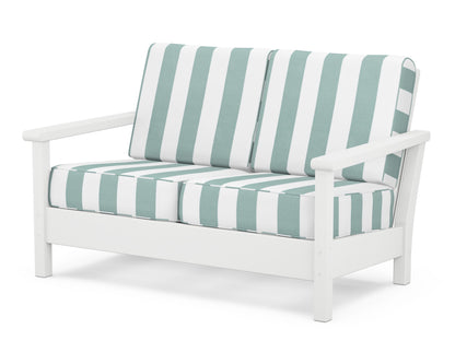 POLYWOOD® Harbour Deep Seating Loveseat in White / Cabana Stripe Glacier Spa