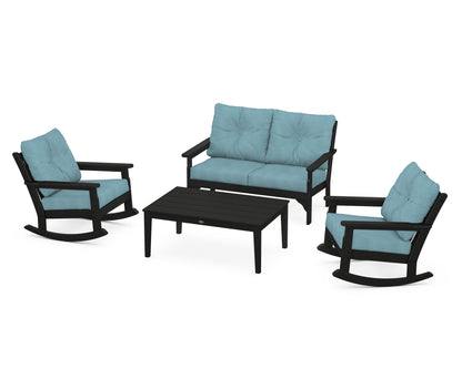 POLYWOOD® Vineyard 4-Piece Deep Seating Rocking Chair Set in Black / Lattice Sky Blue
