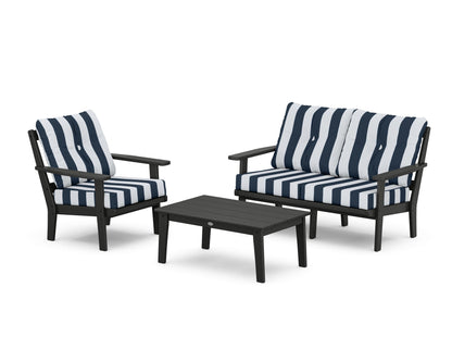 POLYWOOD® Prairie 3-Piece Deep Seating Set with Loveseat in Black / Cabana Stripe Marine Indigo
