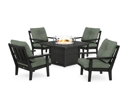 POLYWOOD® Oxford 5-Piece Deep Seating Set with Fire Pit Table in Black / Cast Sage