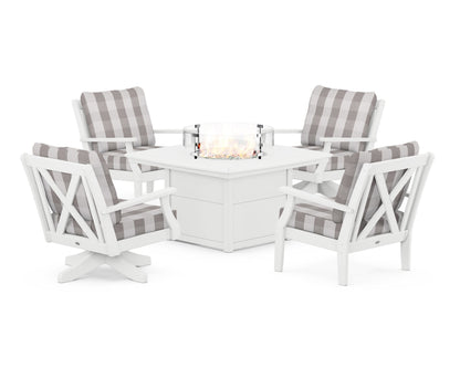 POLYWOOD® Braxton 5-Piece Deep Seating Set with Fire Table in White / Buffalo Plaid Grey Mist