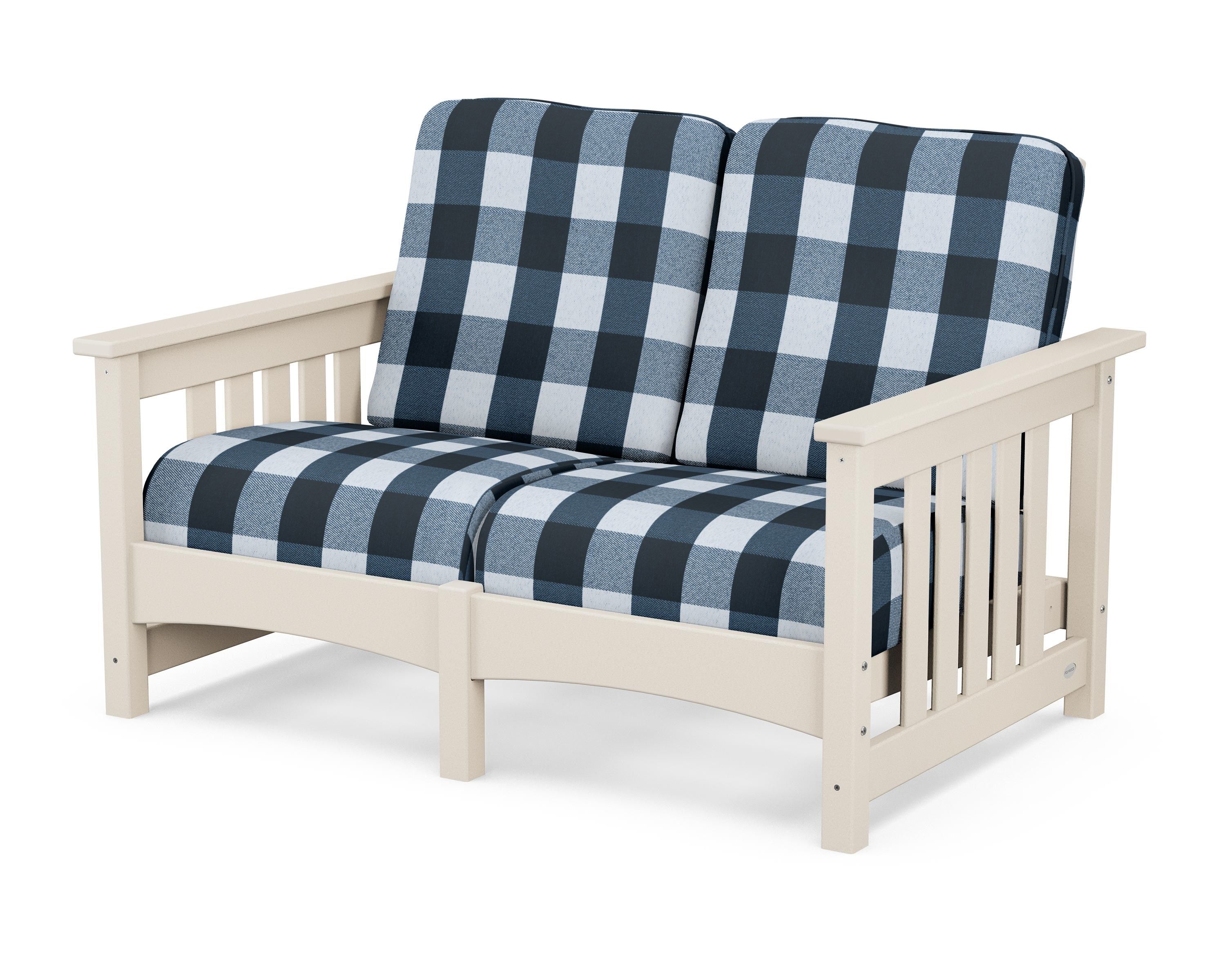 POLYWOOD® Club Mission Loveseat in Sand / Buffalo Plaid Marine Indigo
