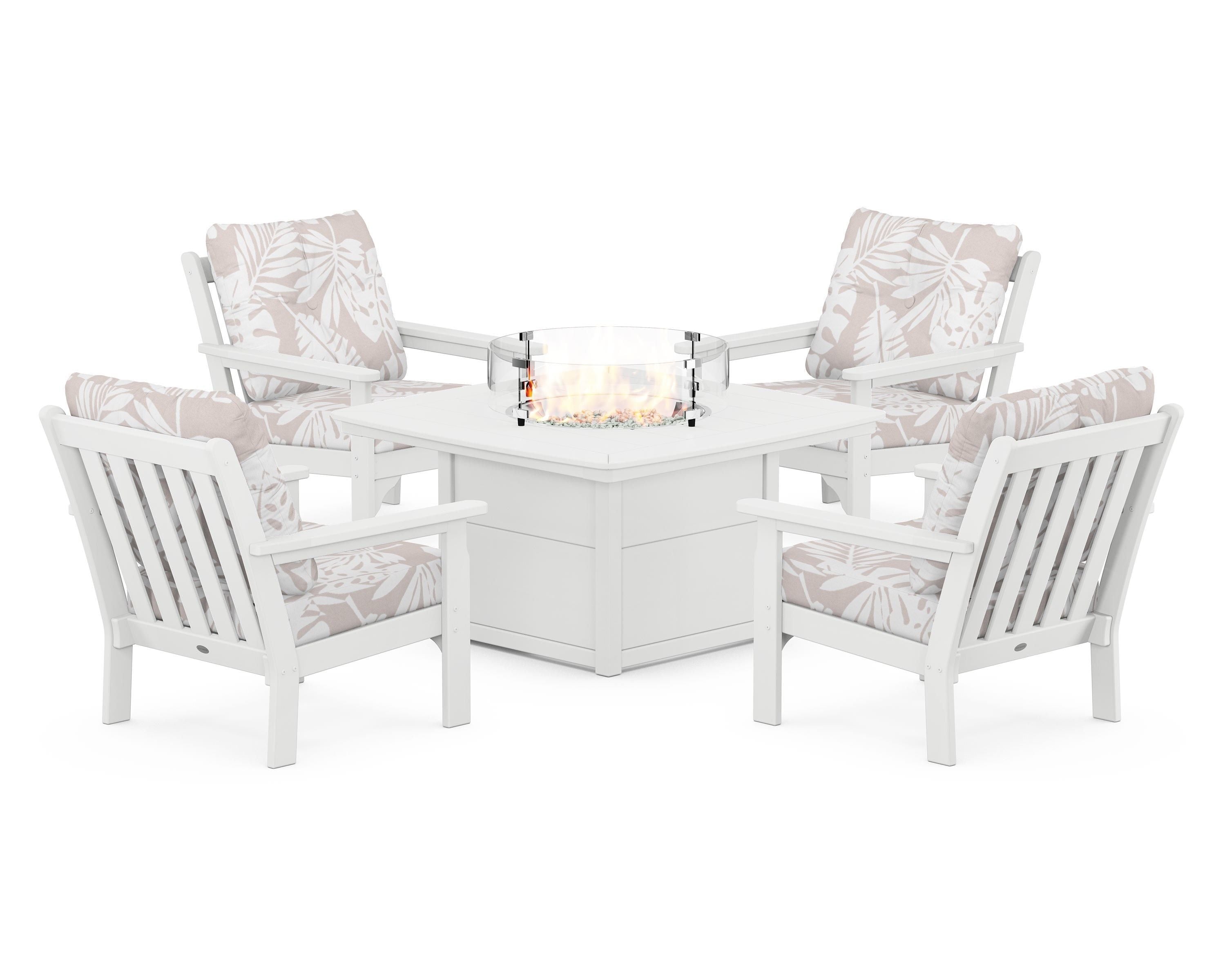 POLYWOOD® Vineyard 5-Piece Conversation Set with Fire Pit Table in White / Leaf Dune Burlap