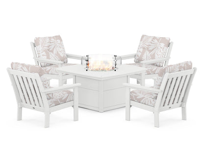 POLYWOOD® Vineyard 5-Piece Conversation Set with Fire Pit Table in White / Leaf Dune Burlap