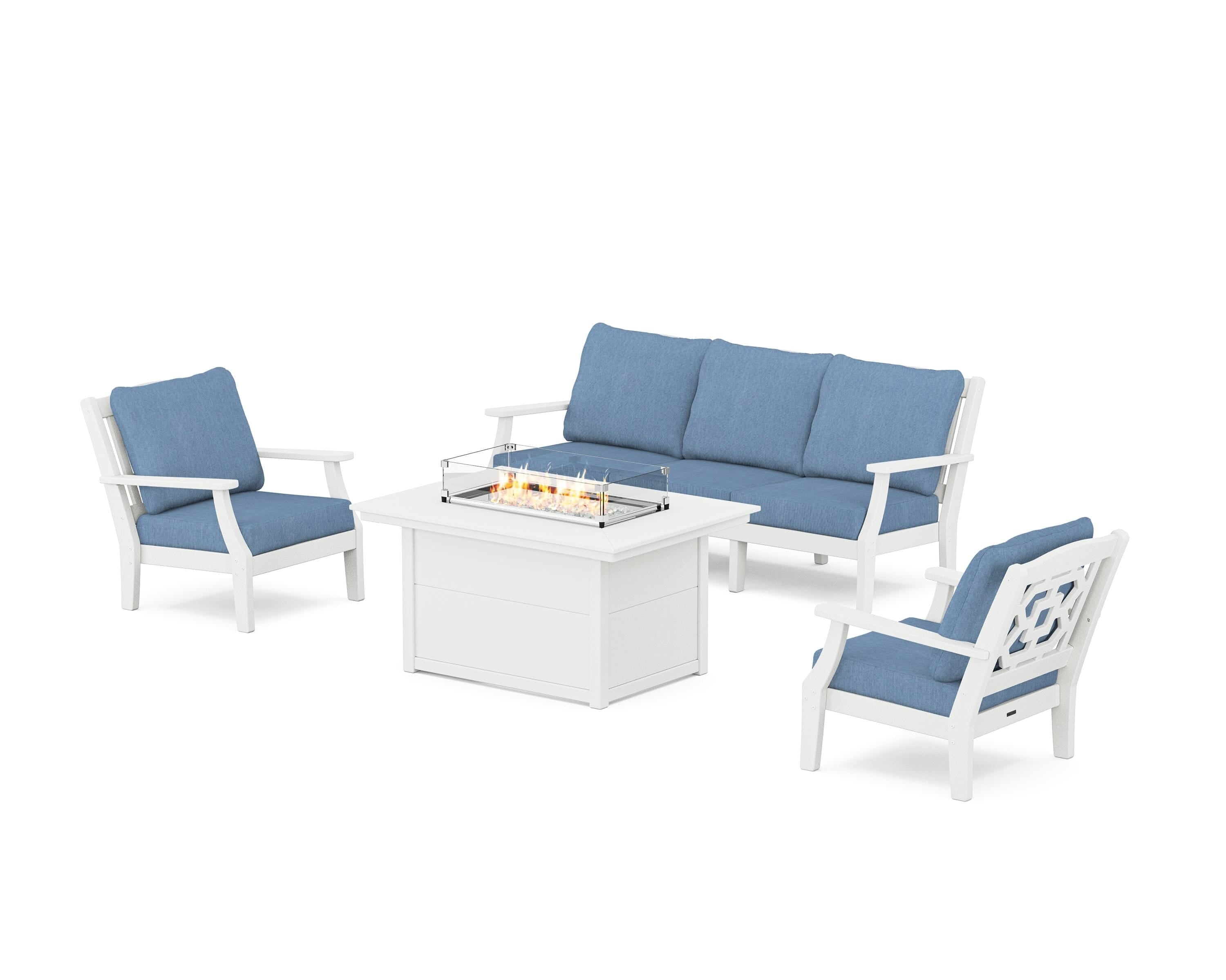 Martha Stewart by POLYWOOD® Chinoiserie Deep Seating Fire Pit Table Set in White / Sky Blue