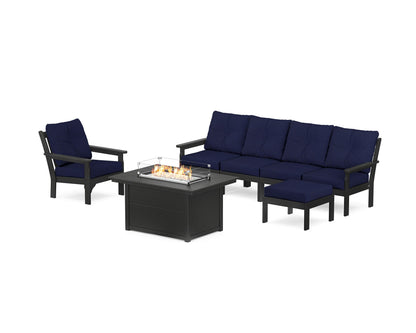 POLYWOOD® Vineyard Sectional Lounge and Fire Pit Set in Black / Navy