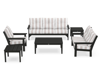 POLYWOOD® Vineyard 6-Piece Deep Seating Set in Black / Cabana Stripe Dune Burlap