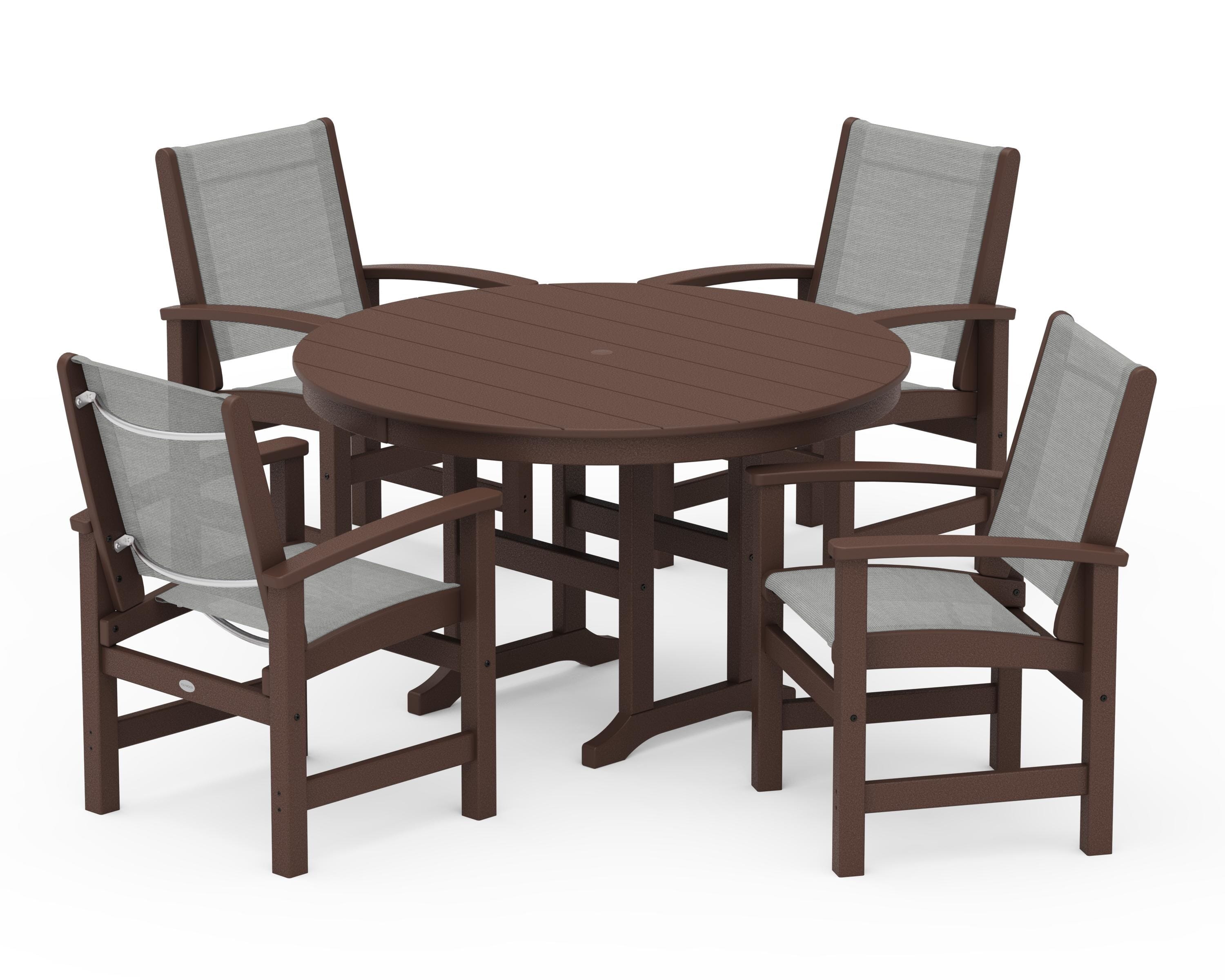 POLYWOOD® Coastal 5-Piece Round Farmhouse Dining Set in Mahogany / Metallic Sling