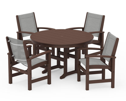 POLYWOOD® Coastal 5-Piece Round Farmhouse Dining Set in Mahogany / Metallic Sling