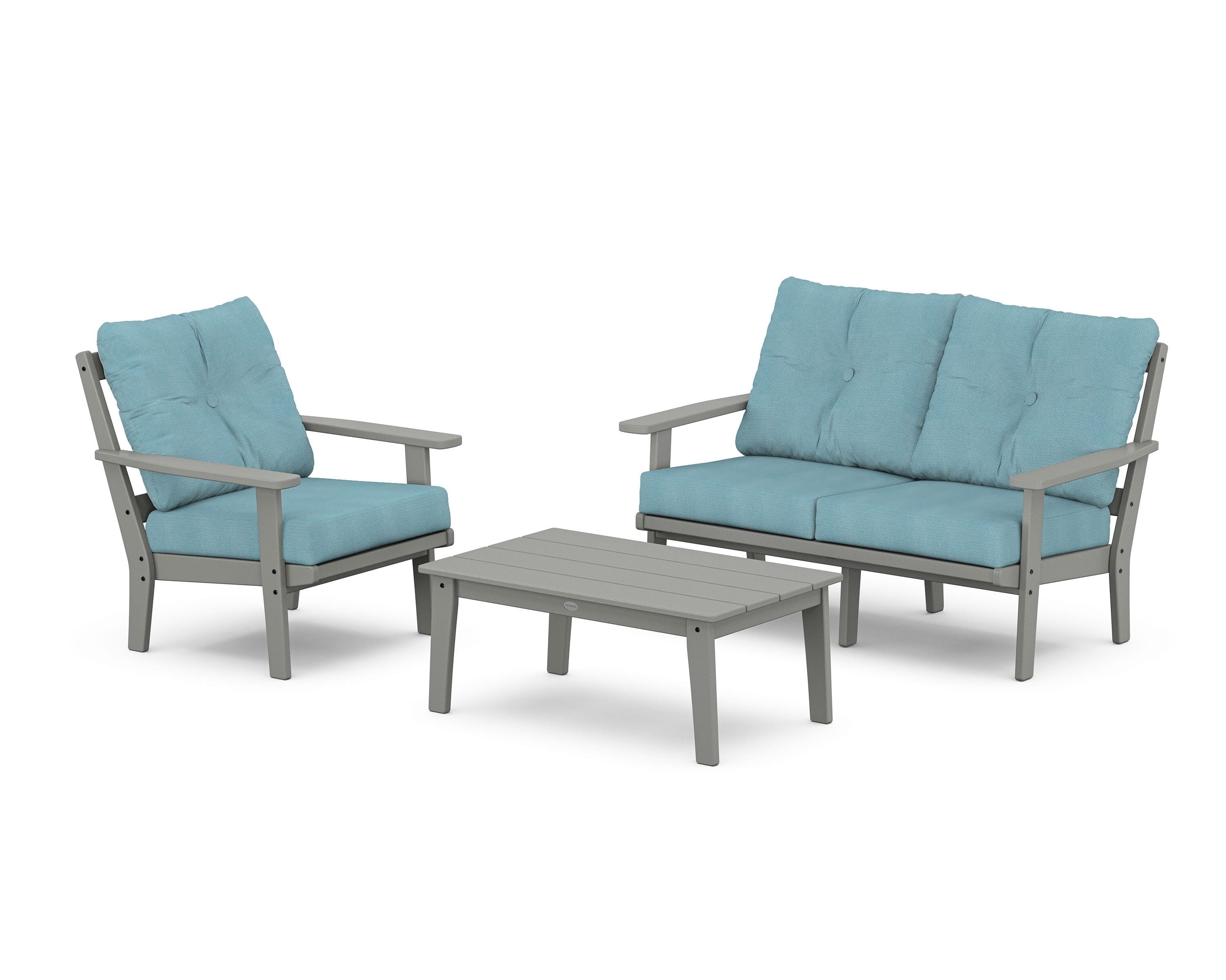 POLYWOOD® Prairie 3-Piece Deep Seating Set with Loveseat in Slate Grey / Lattice Sky Blue
