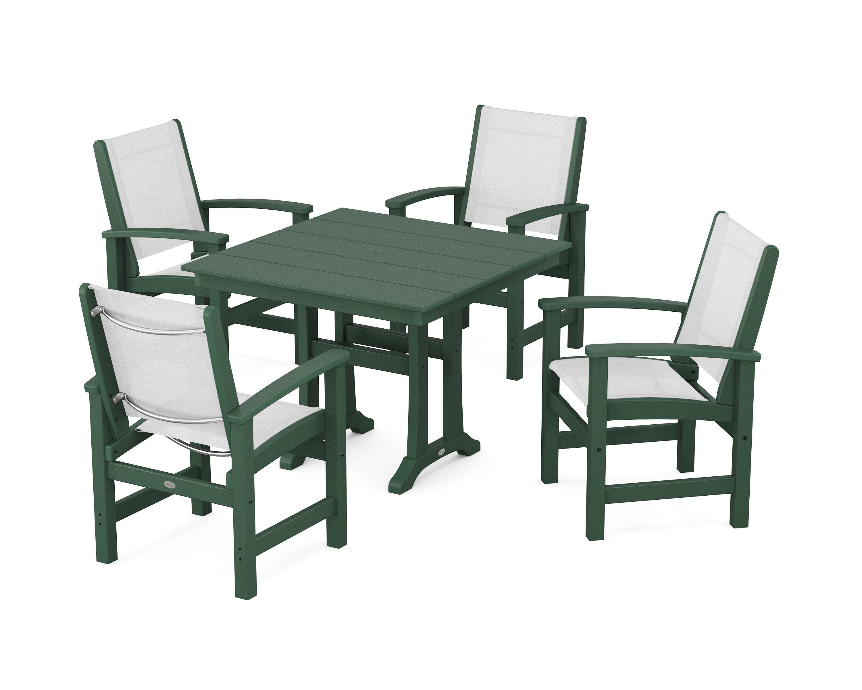 POLYWOOD® Coastal 5-Piece Farmhouse Dining Set With Trestle Legs in Green / White Sling