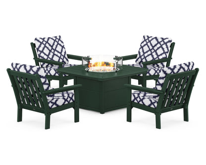 POLYWOOD® Vineyard 5-Piece Conversation Set with Fire Pit Table in Green / Trellis Navy