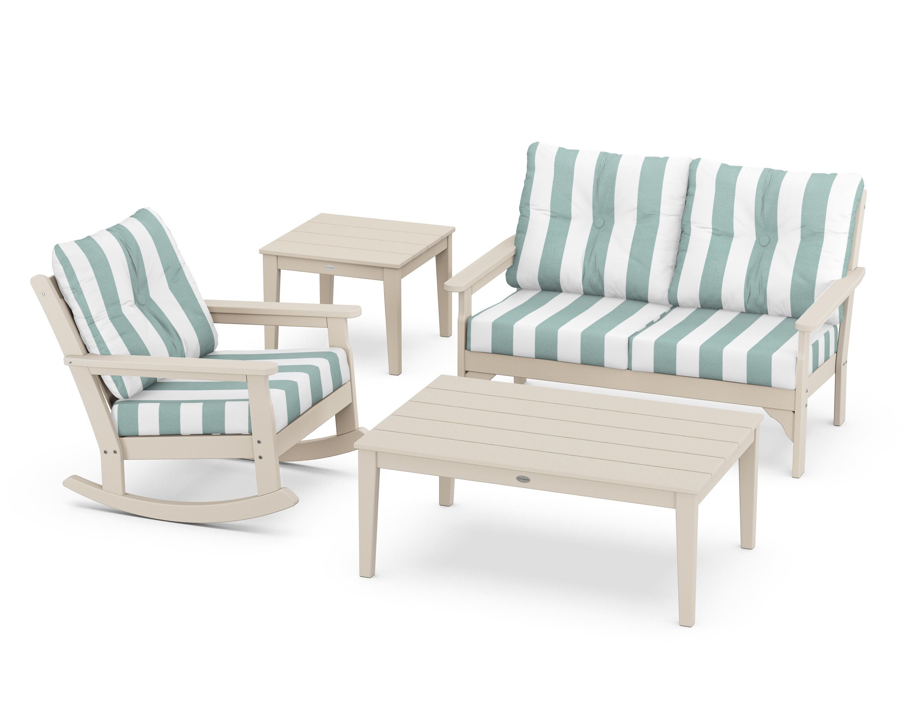 POLYWOOD® Vineyard 4-Piece Deep Seating Rocker Set in Sand / Cabana Stripe Glacier Spa