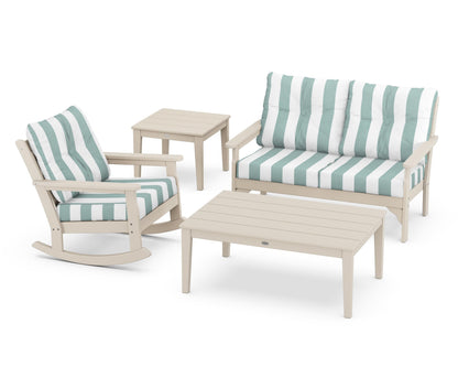 POLYWOOD® Vineyard 4-Piece Deep Seating Rocker Set in Sand / Cabana Stripe Glacier Spa