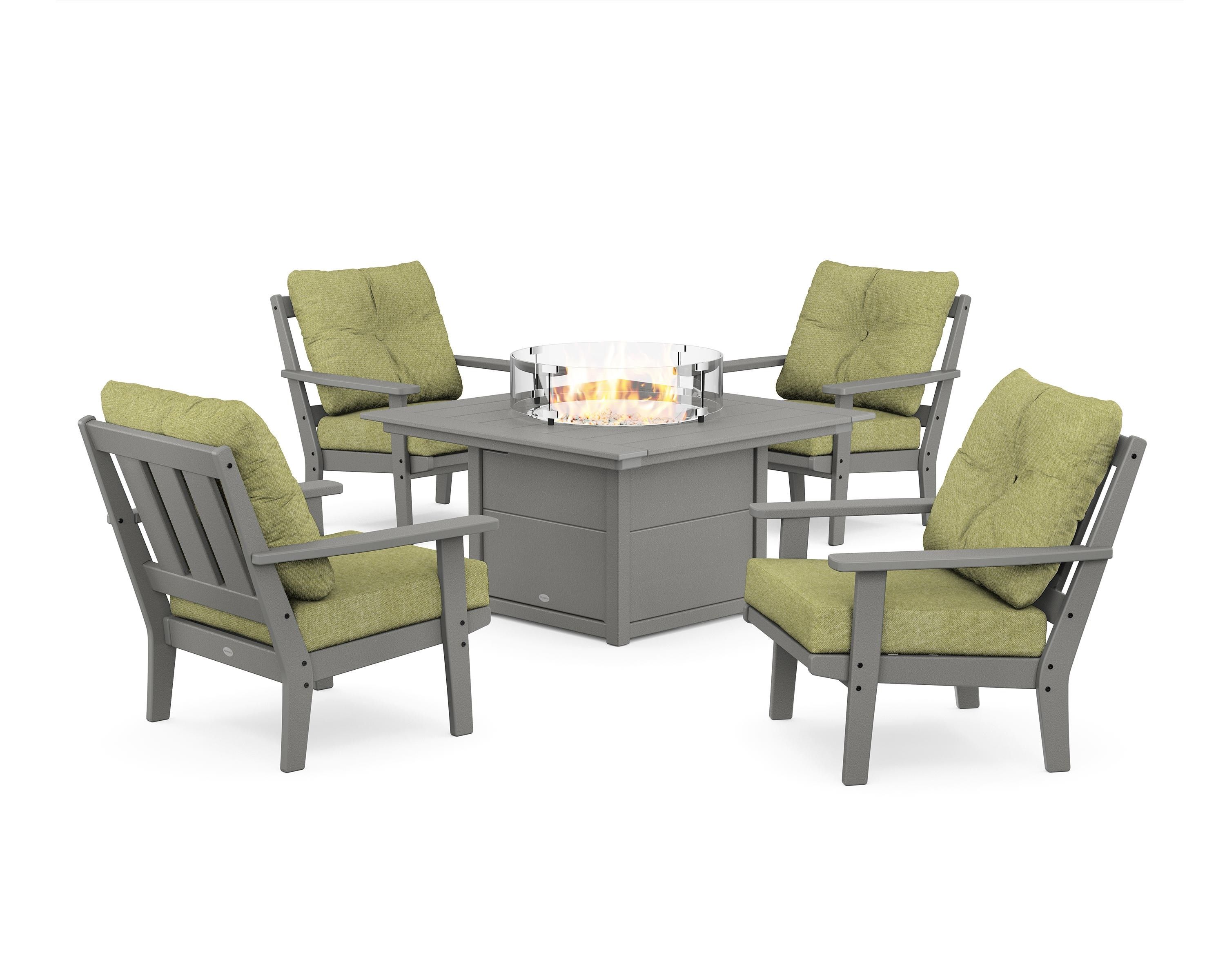 POLYWOOD® Oxford 5-Piece Deep Seating Set with Fire Pit Table in Slate Grey / Chartreuse Boucle