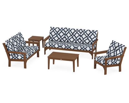 POLYWOOD® Vineyard 5 Piece Deep Seating Set in Teak / Trellis Marine Indigo