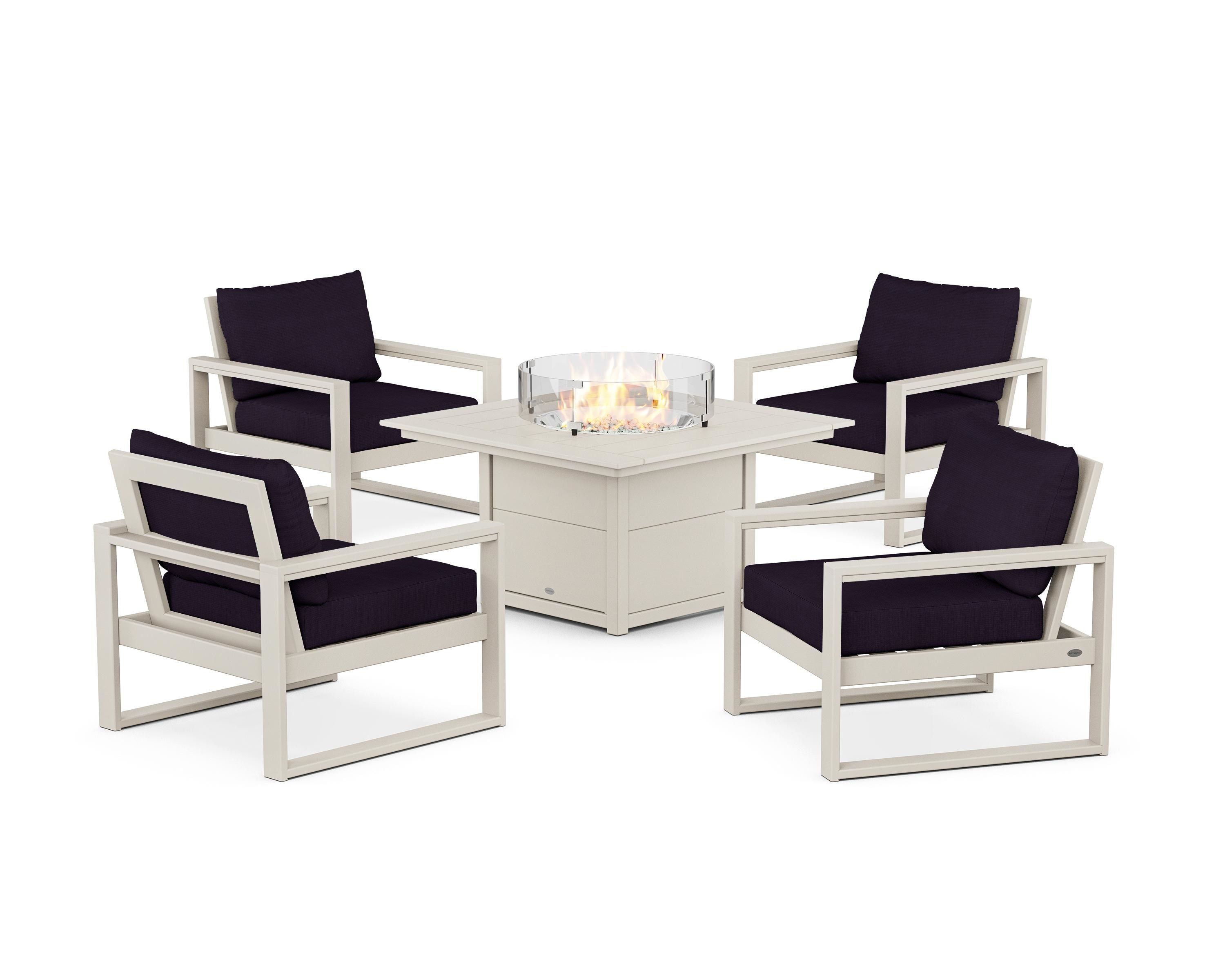 POLYWOOD® EDGE Sectional 5-Piece Deep Seating Set with Fire Pit Table in Sand / Navy Linen