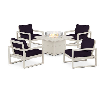POLYWOOD® EDGE Sectional 5-Piece Deep Seating Set with Fire Pit Table in Sand / Navy Linen