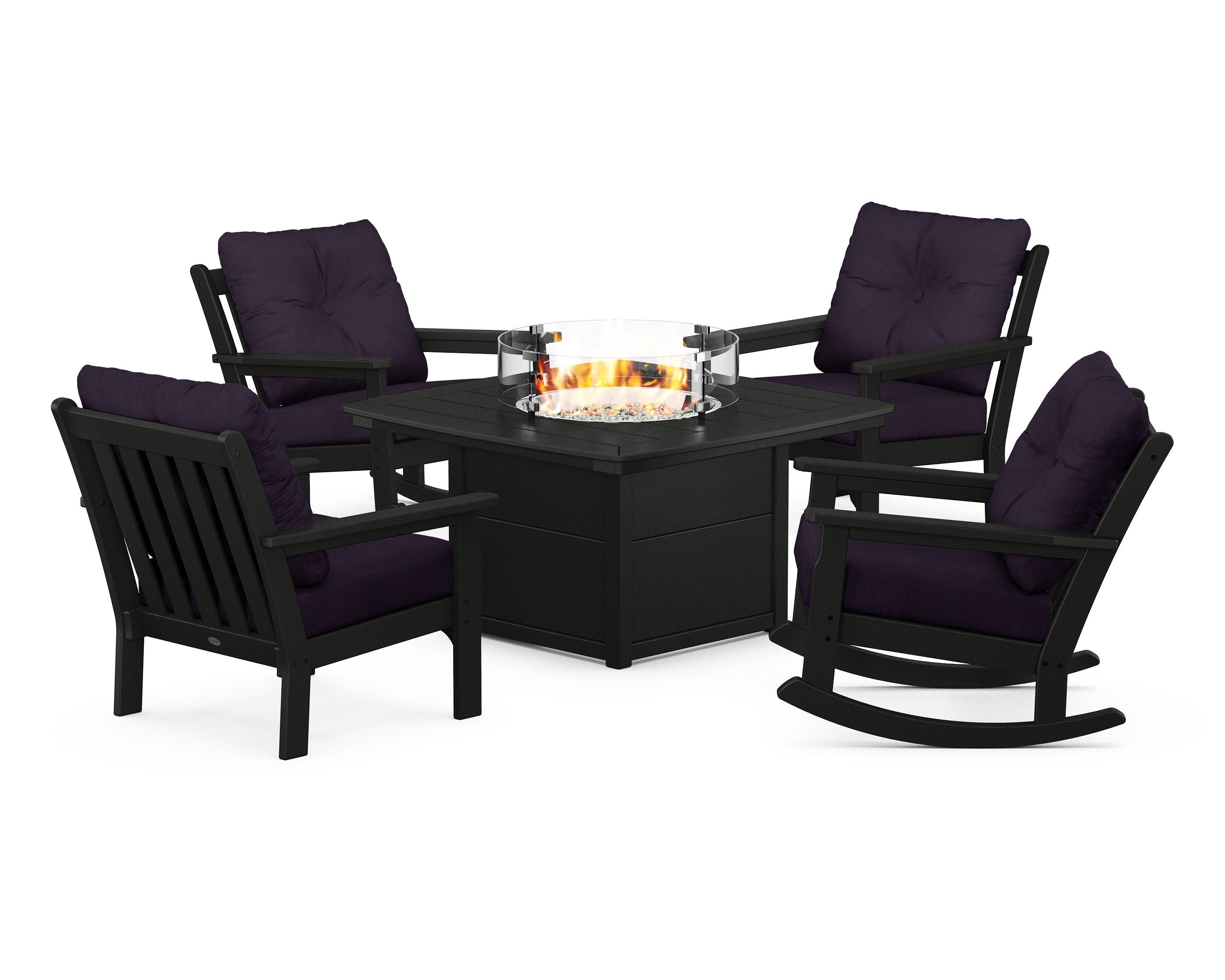 POLYWOOD® Vineyard 5-Piece Deep Seating Rocking Chair Conversation Set with Fire Pit Table in Black / Navy Linen