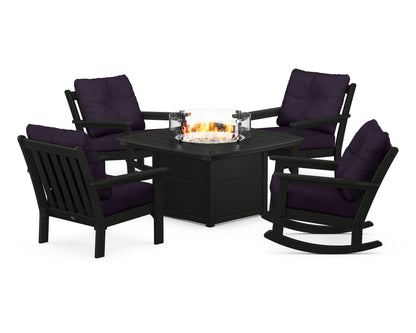 POLYWOOD® Vineyard 5-Piece Deep Seating Rocking Chair Conversation Set with Fire Pit Table in Black / Navy Linen