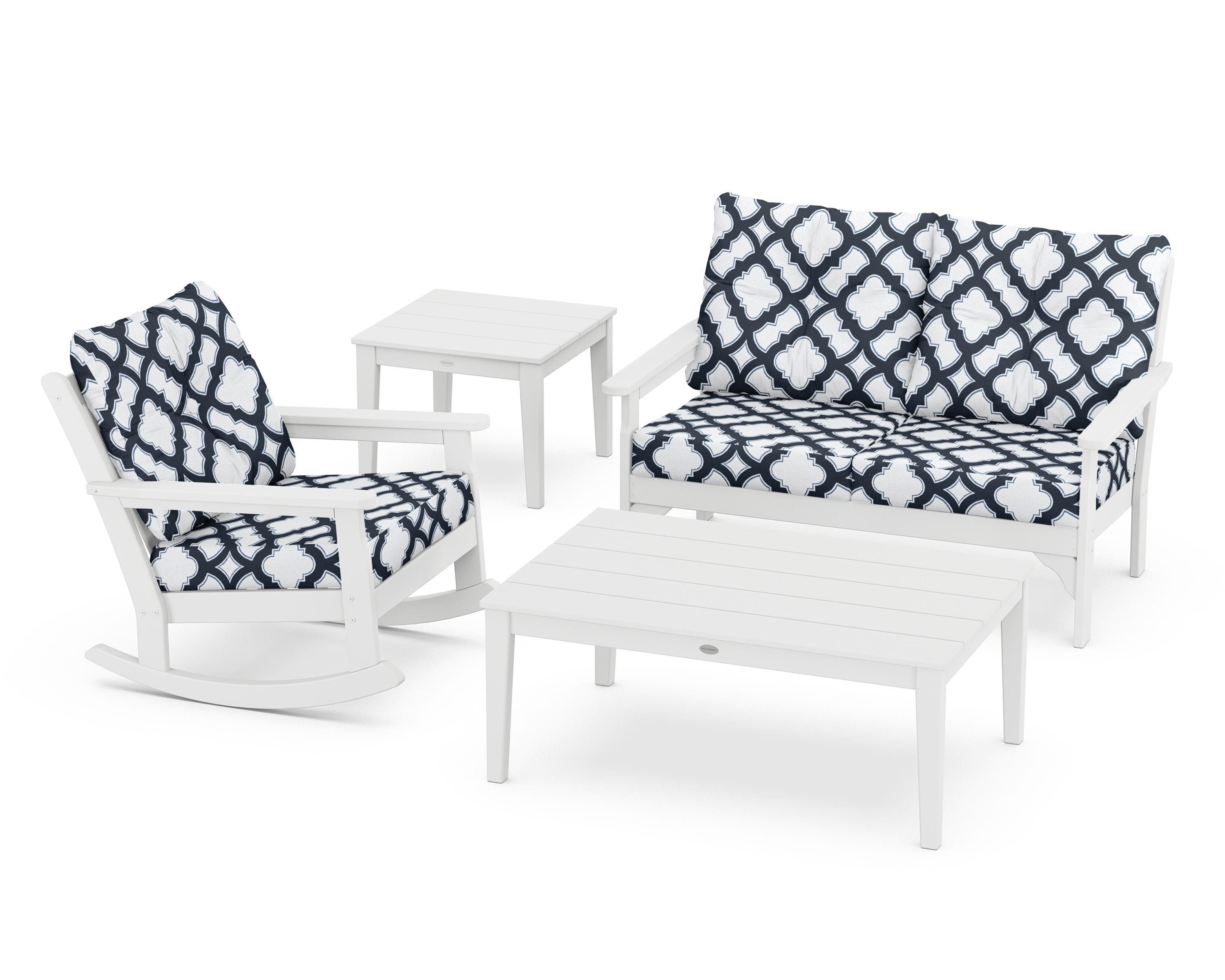 POLYWOOD® Vineyard 4-Piece Deep Seating Rocker Set in White / Trellis Marine Indigo