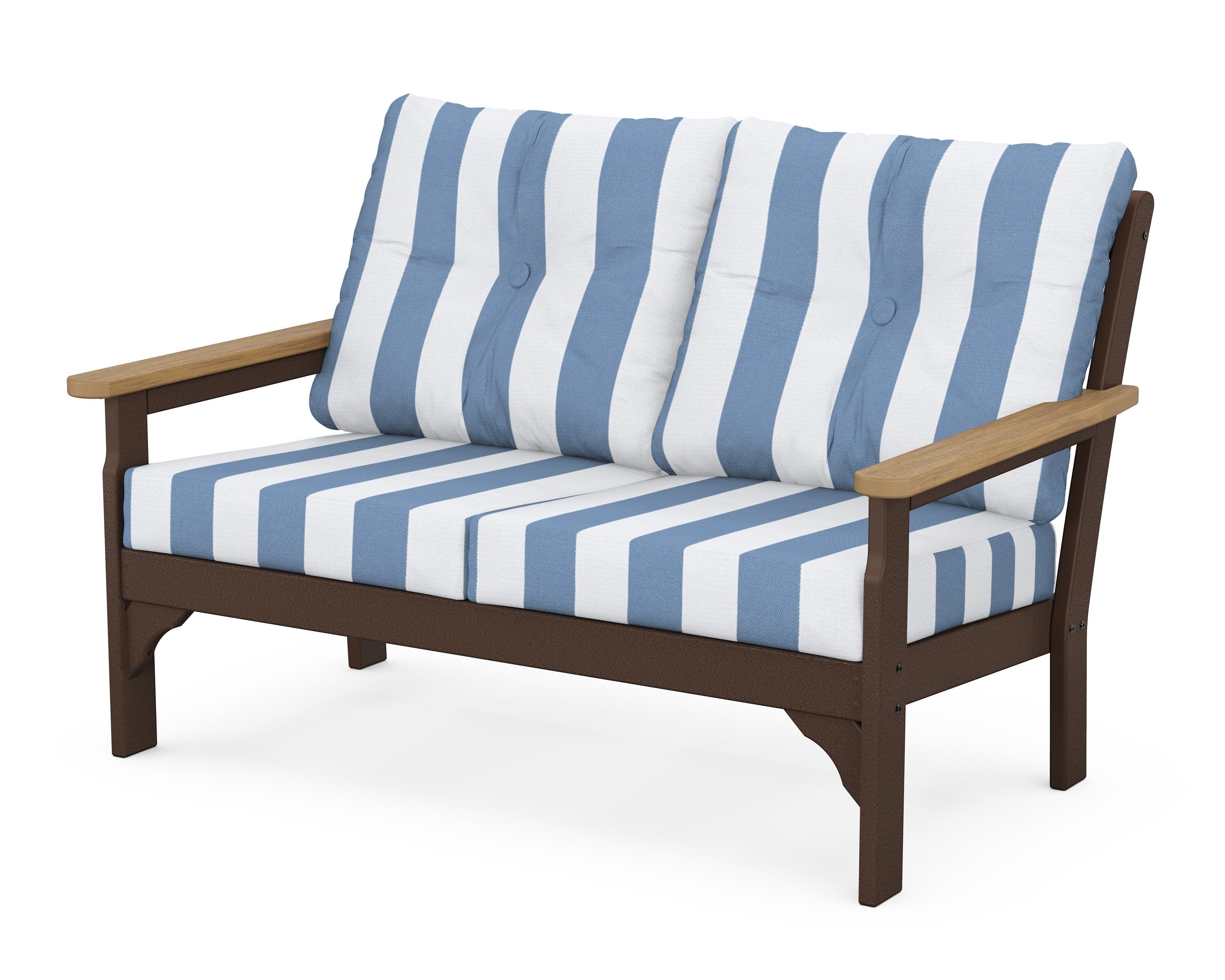 POLYWOOD® Vineyard Deep Seating Loveseat in Mahogany / Natural / Cabana Stripe Sky Blue