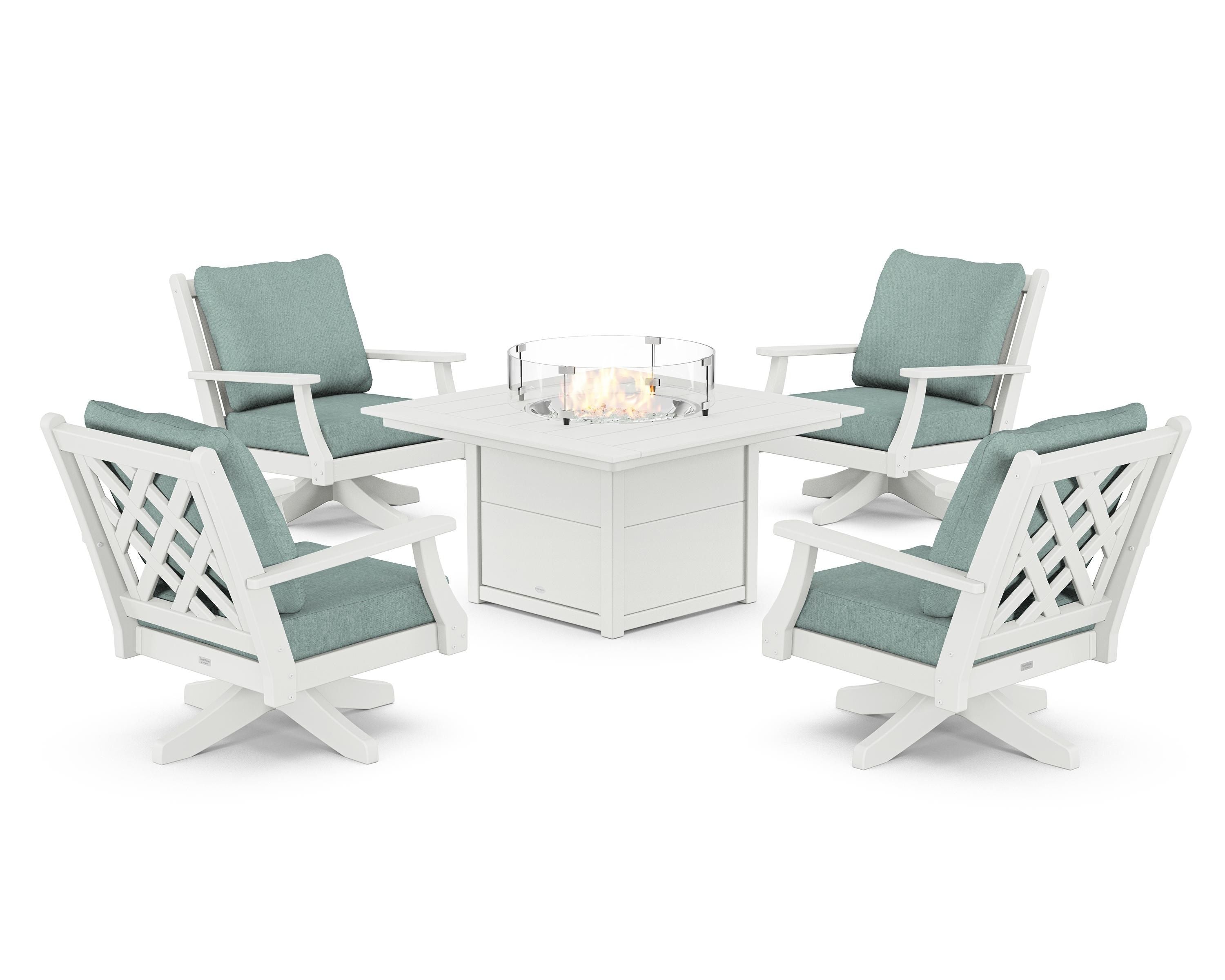 Country Living Wovendale 5-Piece Deep Seating Swivel Conversation Set with Fire Pit Table in White / Glacier Spa
