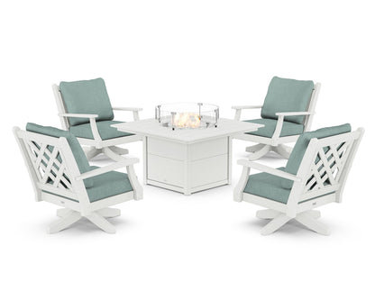 Country Living Wovendale 5-Piece Deep Seating Swivel Conversation Set with Fire Pit Table in White / Glacier Spa