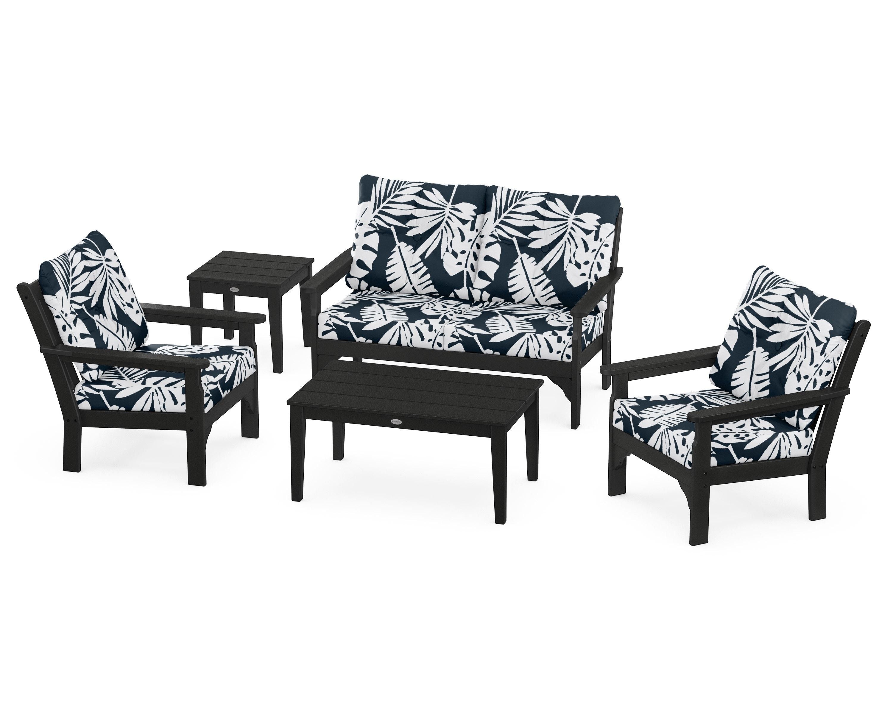 POLYWOOD® Vineyard 5-Piece Deep Seating Set in Black / Leaf Marine Indigo