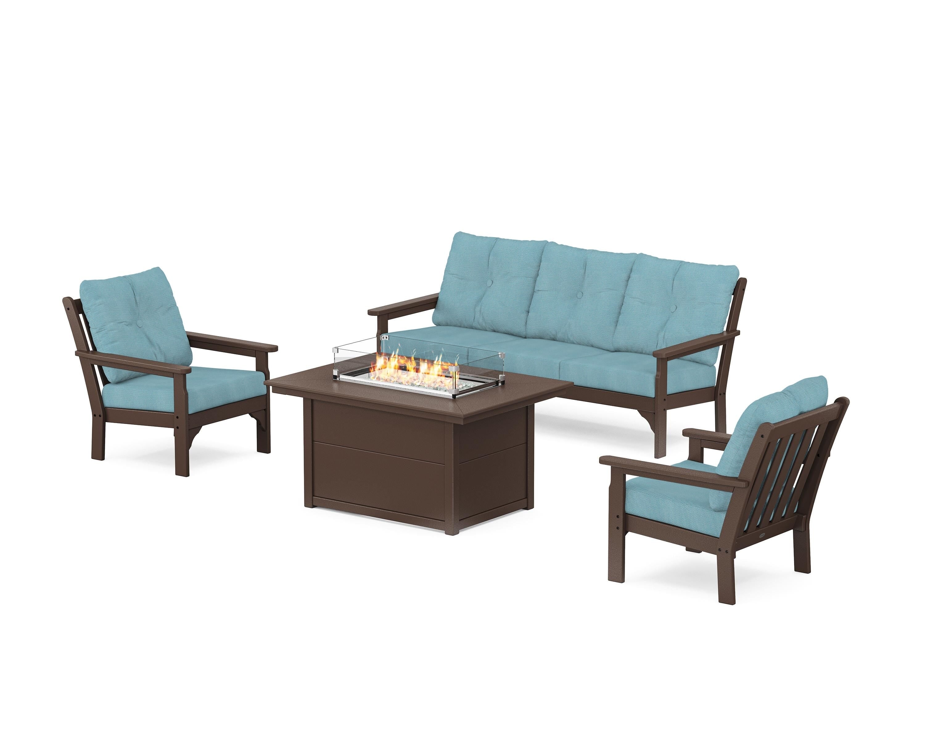 POLYWOOD® Vineyard Deep Seating Fire Pit Table Set in Mahogany / Lattice Sky Blue