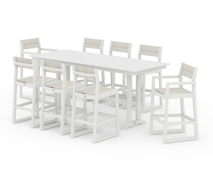 POLYWOOD® EDGE Sling 9-Piece Farmhouse Bar Set with Trestle Legs in White / Parchment Sling