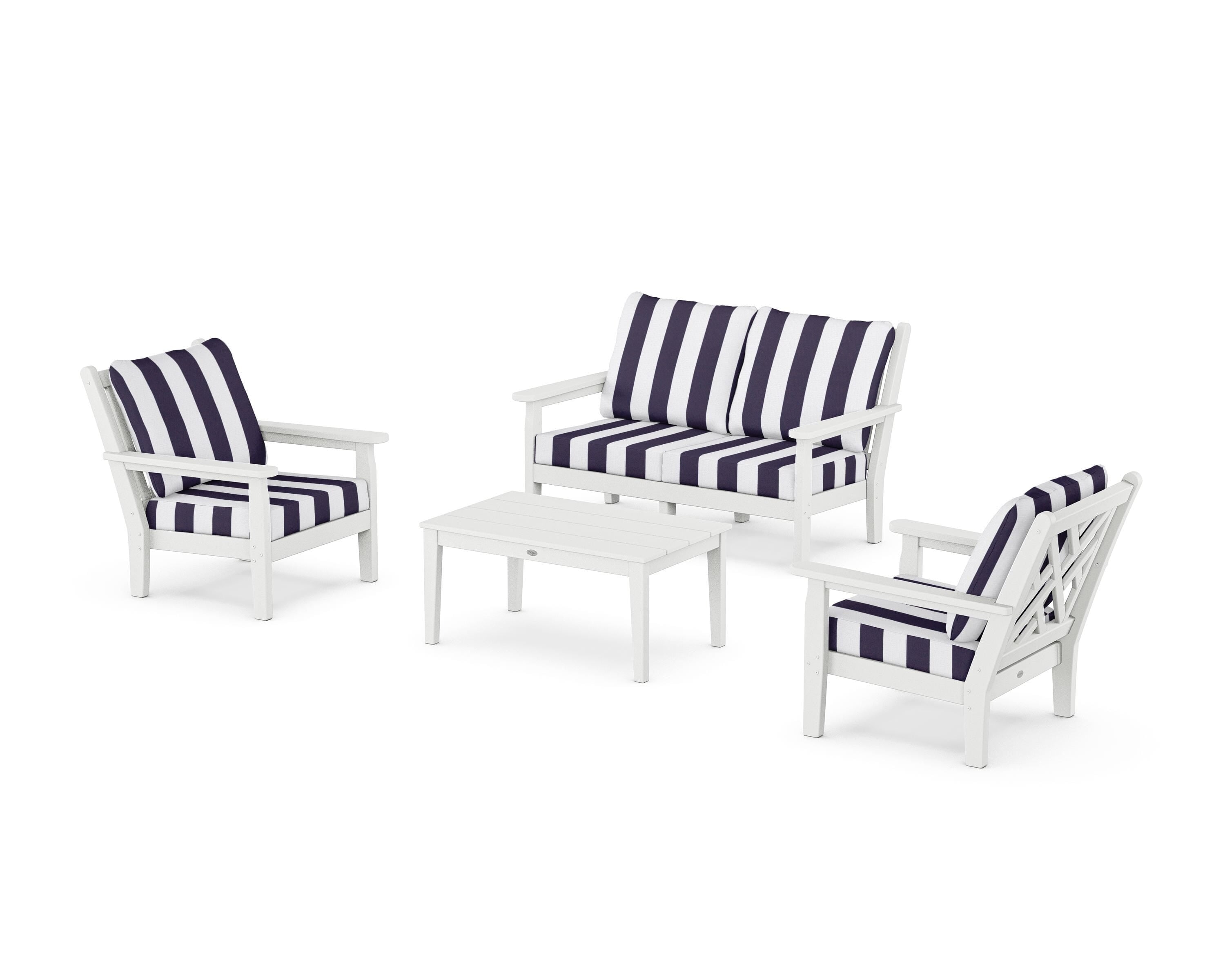 POLYWOOD® Chippendale 4-Piece Deep Seating Set with Loveseat in White / Cabana Stripe Navy