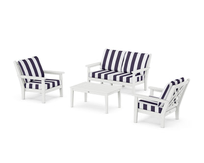 POLYWOOD® Chippendale 4-Piece Deep Seating Set with Loveseat in White / Cabana Stripe Navy
