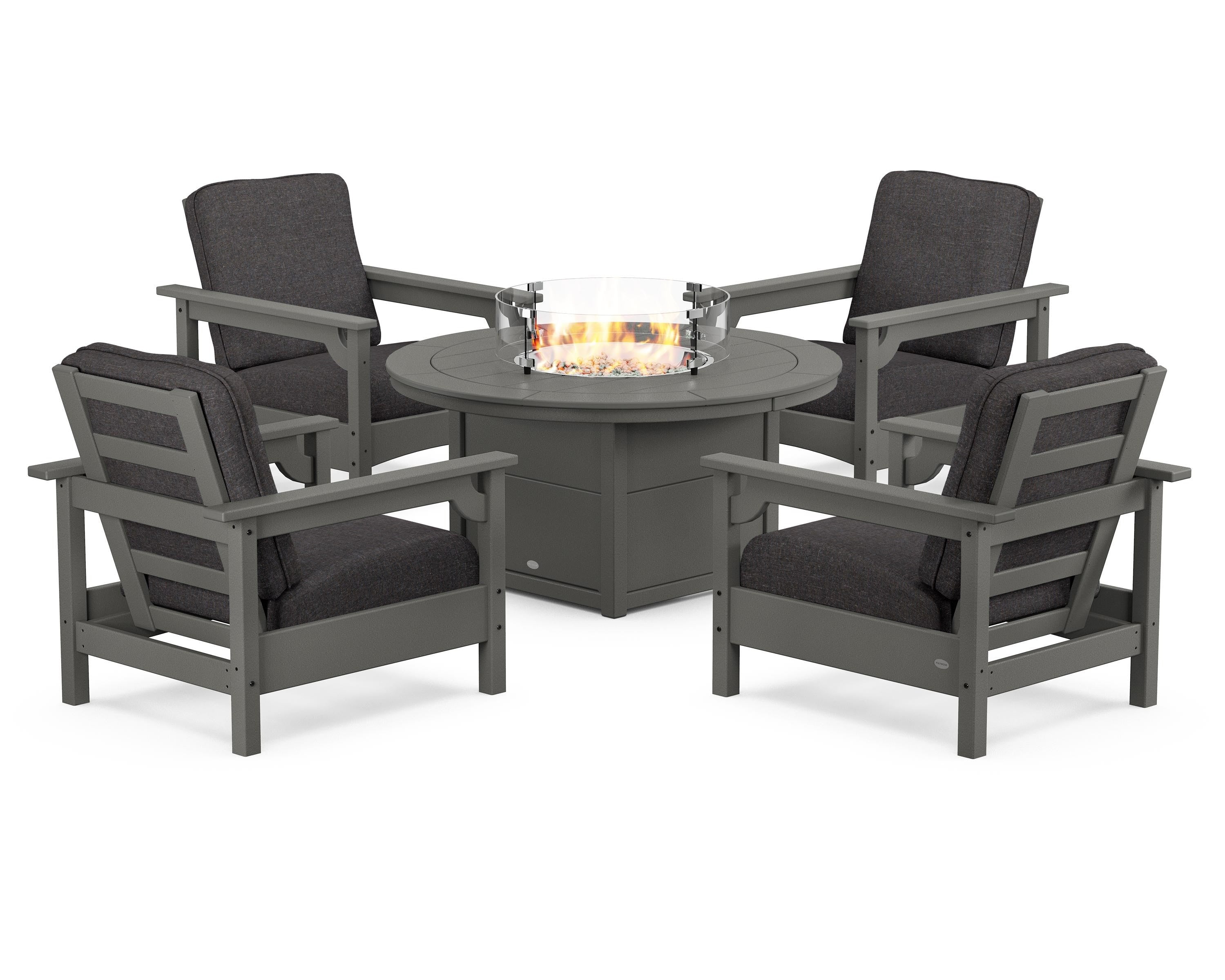 POLYWOOD® Club 5-Piece Conversation Set with Fire Pit Table in Slate Grey / Ash Charcoal
