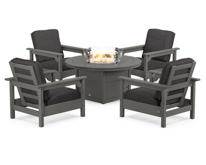 POLYWOOD® Club 5-Piece Conversation Set with Fire Pit Table in Slate Grey / Ash Charcoal