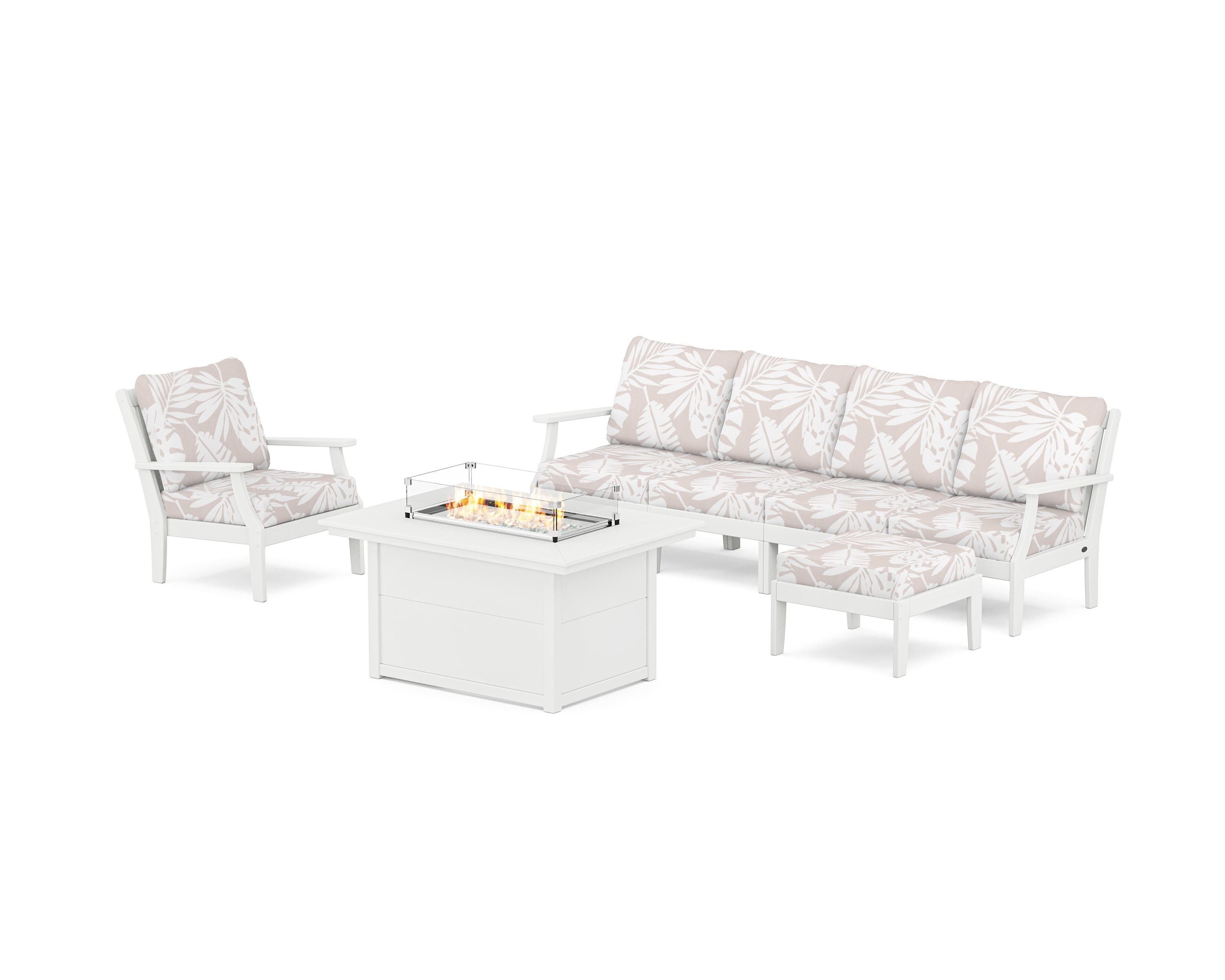 POLYWOOD® Braxton Sectional Lounge and Fire Pit Set in White / Leaf Dune Burlap