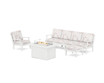 POLYWOOD® Braxton Sectional Lounge and Fire Pit Set in White / Leaf Dune Burlap