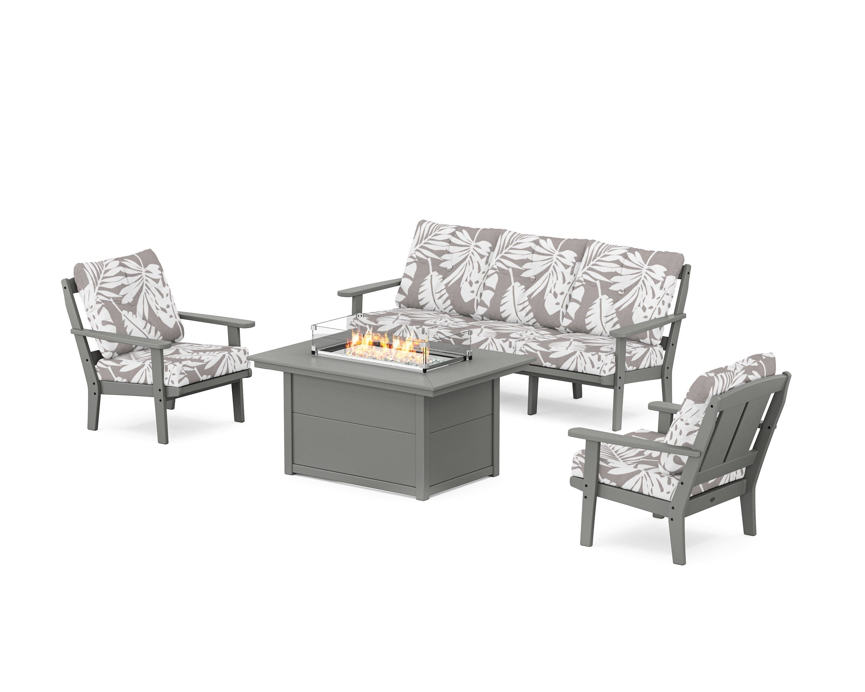 POLYWOOD® Mission Deep Seating Fire Pit Table Set in Slate Grey / Leaf Grey Mist
