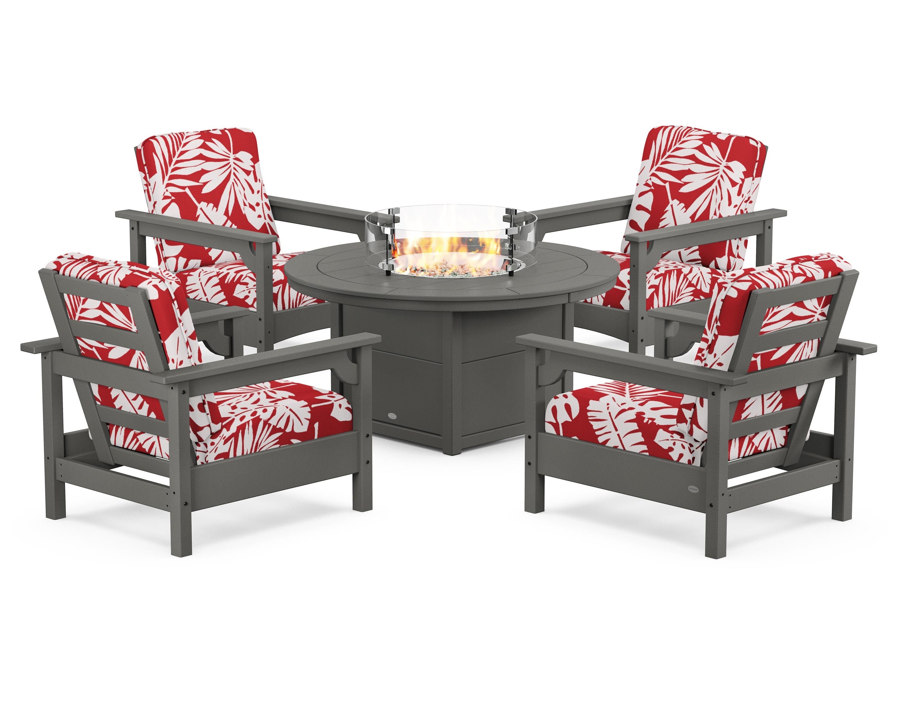 POLYWOOD® Club 5-Piece Conversation Set with Fire Pit Table in Slate Grey / Leaf Crimson