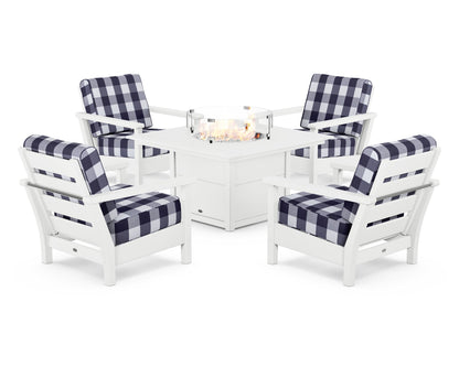 POLYWOOD® Harbour 5-Piece Conversation Set with Fire Pit Table in White / Buffalo Plaid Navy
