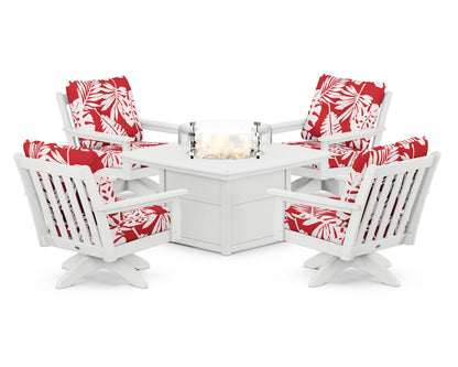 POLYWOOD® Vineyard 5-Piece Deep Seating Swivel Conversation Set with Fire Pit Table in White / Leaf Crimson