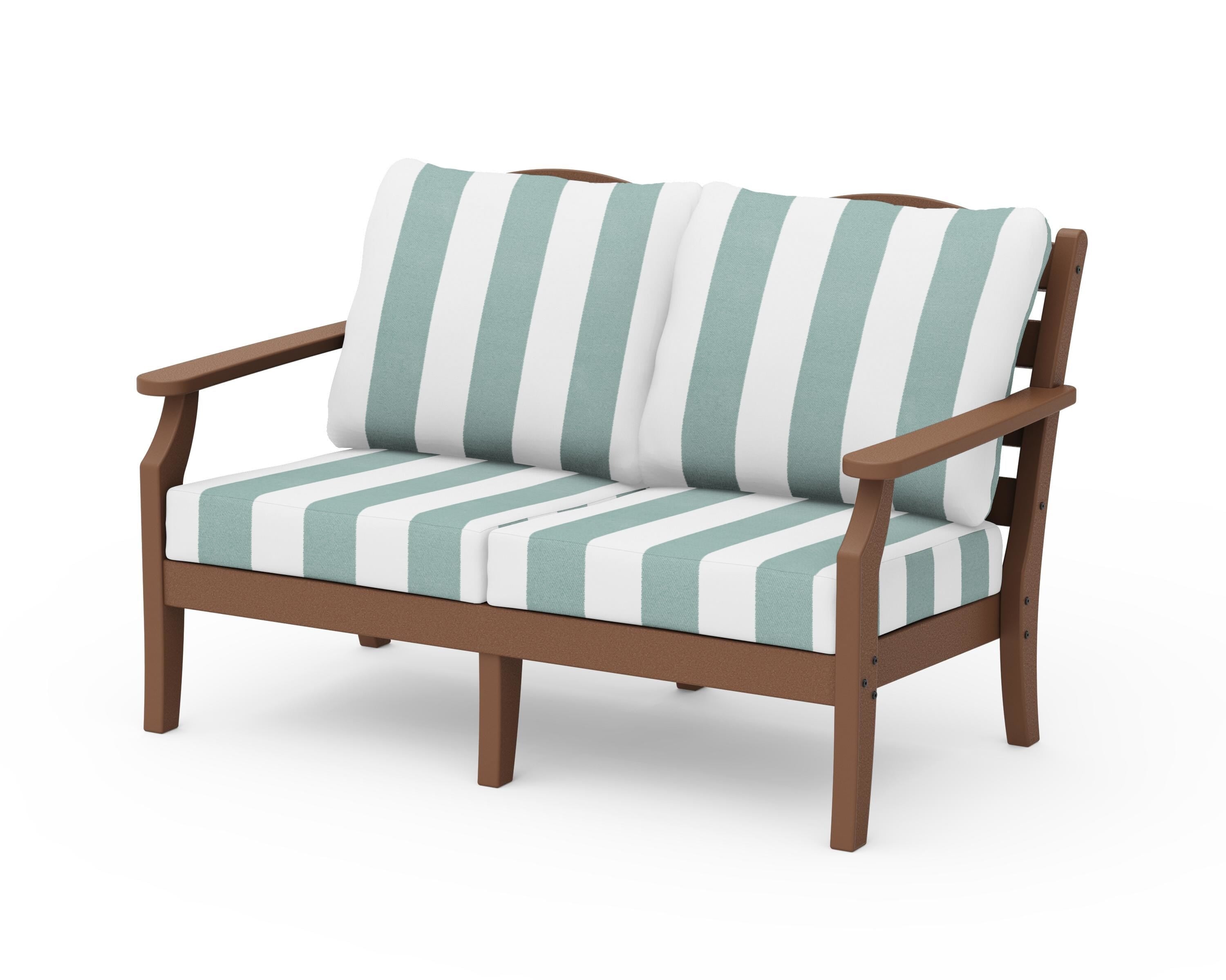 Draper James™ by  POLYWOOD® Savannah Deep Seating Loveseat in Teak / Cabana Stripe Glacier Spa