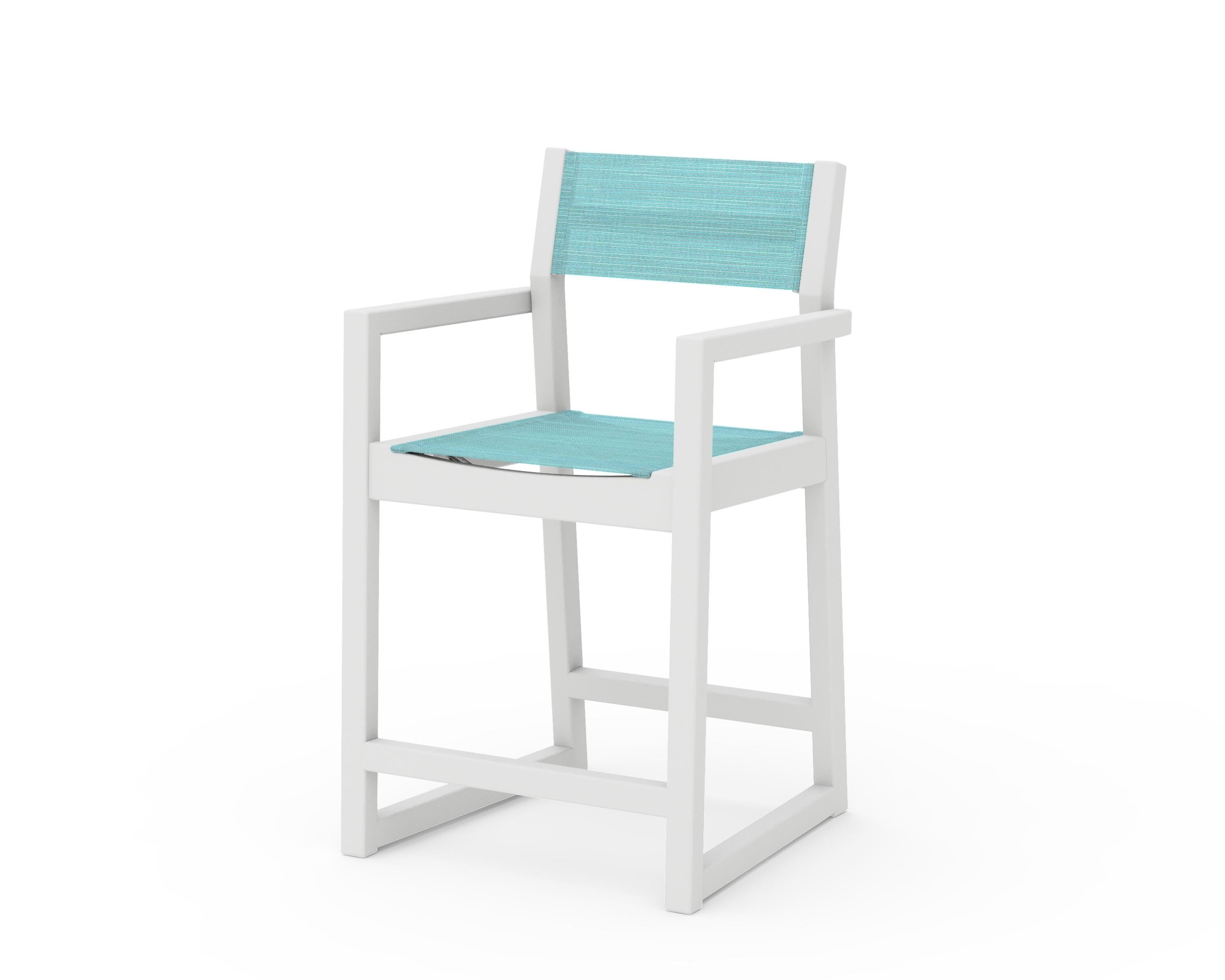POLYWOOD® EDGE Sling Counter Arm Chair in White / Dupioni Aquamarine Sling
