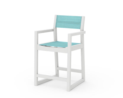 POLYWOOD® EDGE Sling Counter Arm Chair in White / Dupioni Aquamarine Sling
