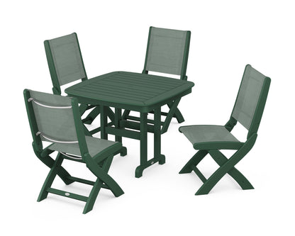 POLYWOOD® Coastal Folding Side Chair 5-Piece Dining Set in Green / Dupioni Sea Mist Sling
