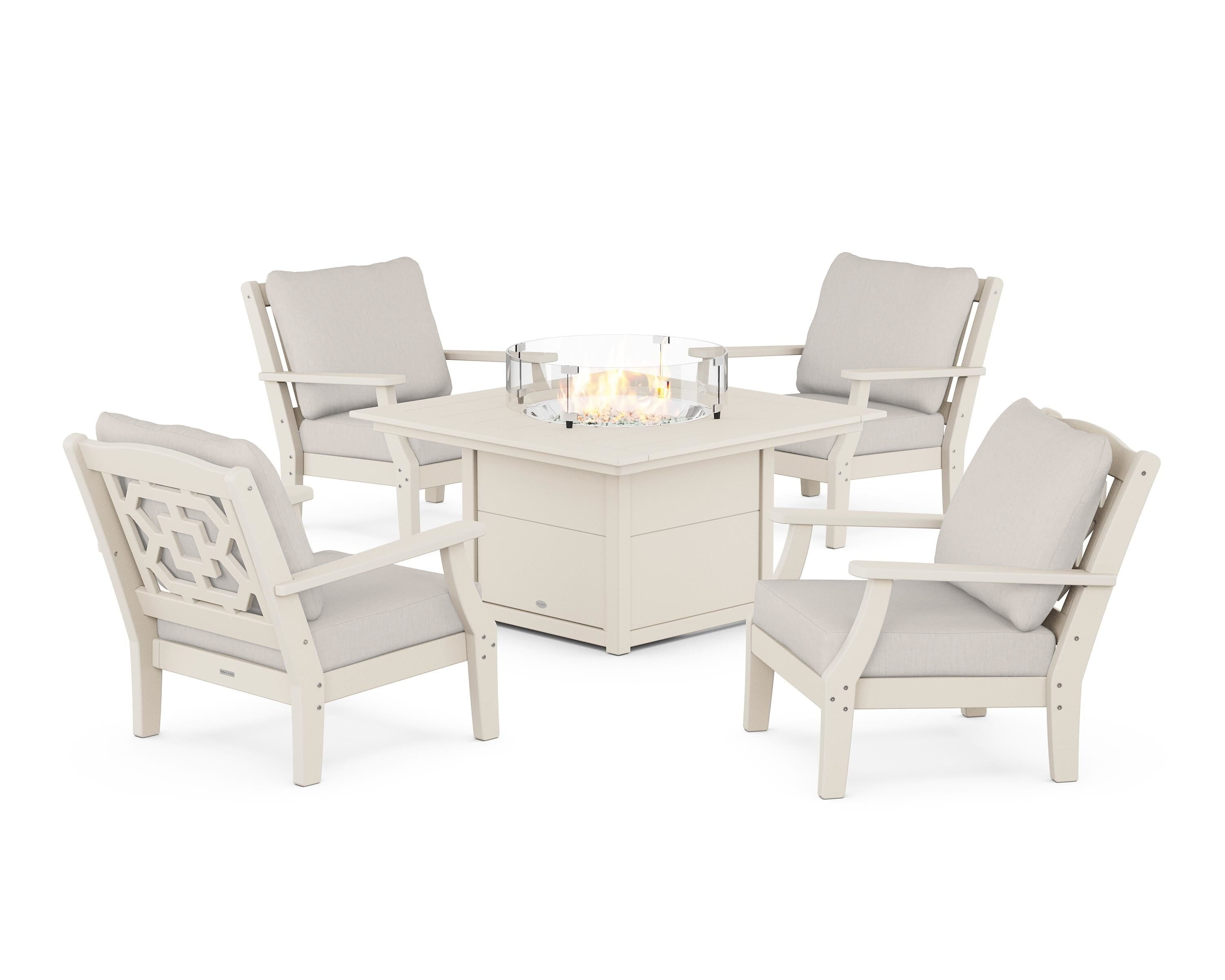 Martha Stewart by POLYWOOD® Chinoiserie 5-Piece Deep Seating Set with Fire Pit Table in Sand / Cast Ash