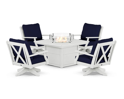 POLYWOOD® Braxton 5-Piece Deep Seating Swivel Conversation Set with Fire Pit Table in Vintage White / Navy