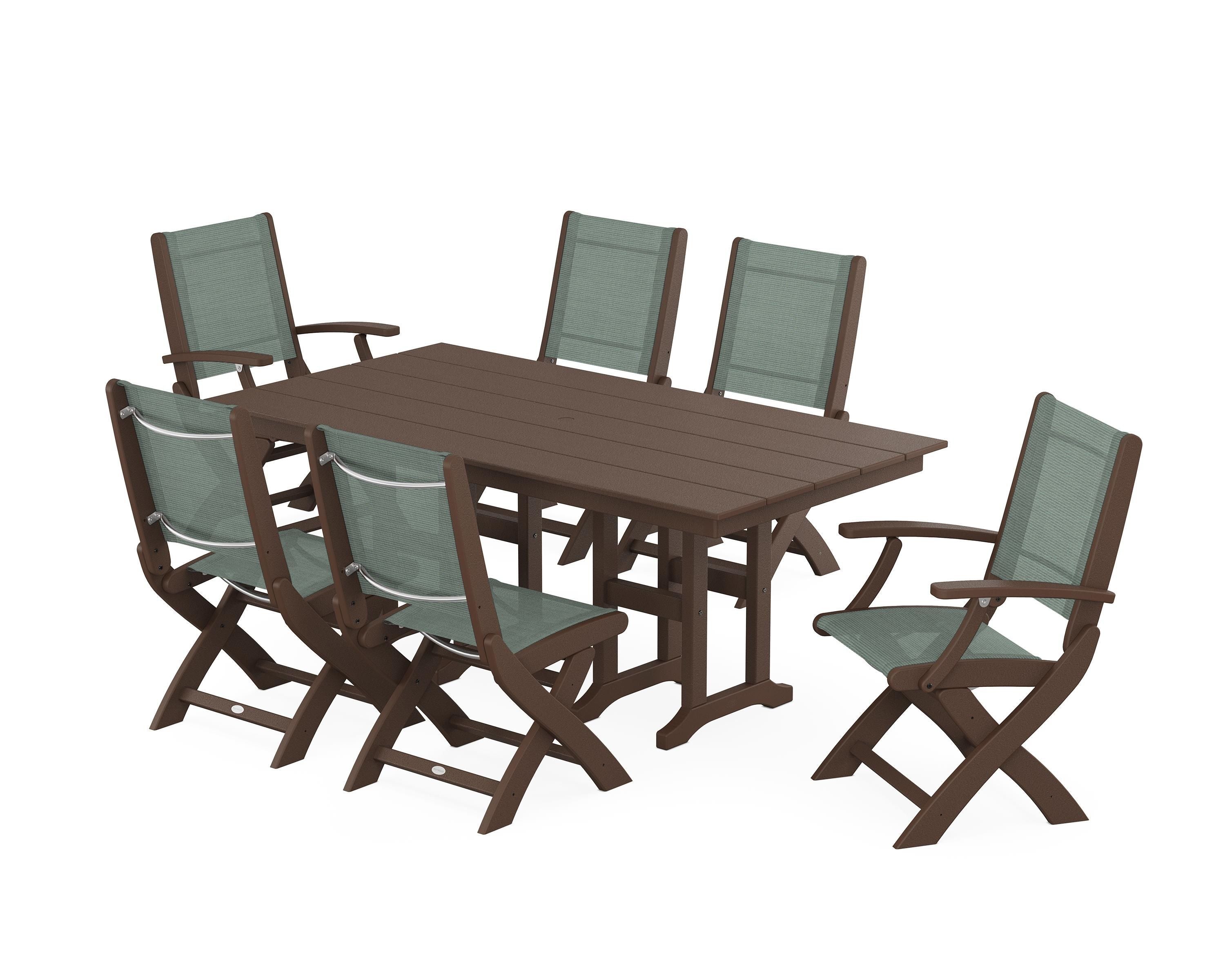 POLYWOOD® Coastal Folding Chair 7-Piece Farmhouse Dining Set in Mahogany / Dupioni Sea Mist Sling
