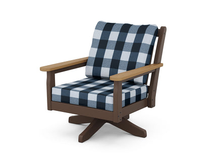 POLYWOOD® Chippendale Deep Seating Swivel Chair in Mahogany / Natural / Buffalo Plaid Marine Indigo